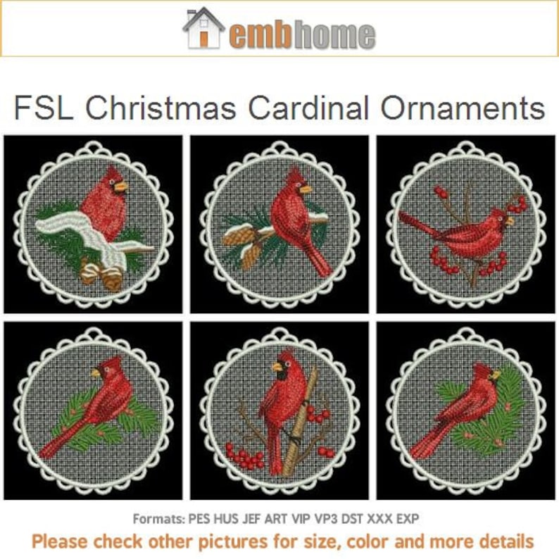 May include: Six embroidery designs featuring red cardinals on branches with berries and pine cones. The designs are in a circular frame with a lacy border. The designs are for machine embroidery and are available in multiple formats, including PES, HUS, JEF, ART, VIP, VP3, DST, and XXX.