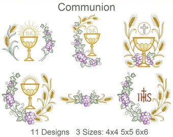 May include: Eleven embroidery designs of a chalice with a host, grapes, and wheat. The designs are available in three sizes: 4x4, 5x5, and 6x6 inches.