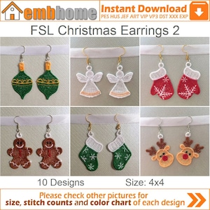 FSL Christmas Earrings Free Standing Lace Christmas Ornament Machine Embroidery Designs Instant Download 4x4 hoop 10 designs APE2831