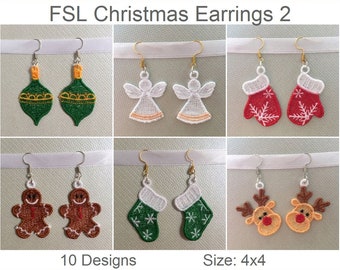 FSL Christmas Earrings Free Standing Lace Christmas Ornament Machine Embroidery Designs Instant Download 4x4 hoop 10 designs APE2831