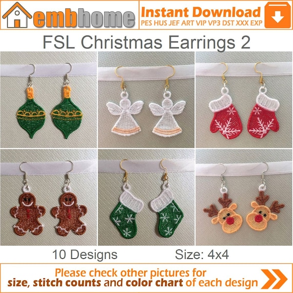 FSL Christmas Earrings Free Standing Lace Christmas Ornament Machine Embroidery Designs Instant Download 4x4 hoop 10 designs APE2831