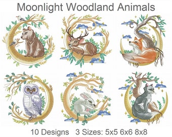 Moonlight Woodland Animals Machine Embroidery Designs Instant Download 5x5 6x6 8x8 hoop 10 designs APE3562