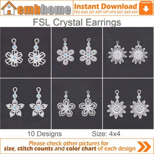 FSL Crystal Earrings Free Standing Lace Jewelry Machine Embroidery Designs Instant Download 4x4 hoop 10 designs APE2300