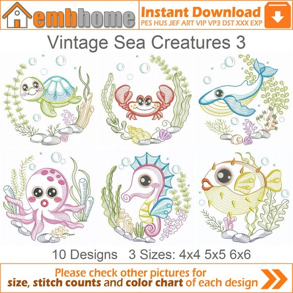 Vintage Sea Creatures Machine Embroidery Designs Pack Instant Download 4x4 5x5 6x6 hoop 10 designs SHE5398