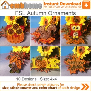 Puede incluir: Diez diseños de patrones de bordado de temática otoñal para bordado a máquina. Los diseños incluyen una calabaza, una ardilla, un búho, bellotas, hojas y la palabra "LOVE" con una calabaza. Los diseños tienen un tamaño de 4x4 pulgadas.