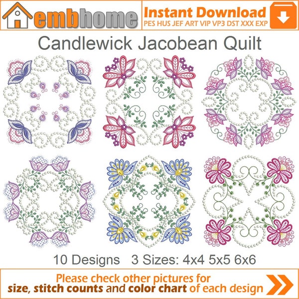 Candlewick Jacobean Quilt Heirloom Machine Embroidery Designs Instant Download 4x4 5x5 6x6 hoop 10 designs APE1839