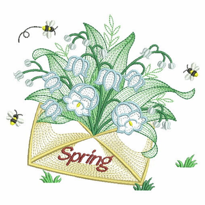 Puede incluir: Dise&ntilde;o bordado de un ramo de lirios blancos en una cesta con la palabra "Primavera" en la parte delantera. El dise&ntilde;o est&aacute; rodeado de abejas y hojas verdes.