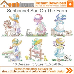Sunbonnet Sue On The Farm Machine Embroidery Designs Pack Instant Download 5x5 6x6 8x8 hoop 10 designs APE3271