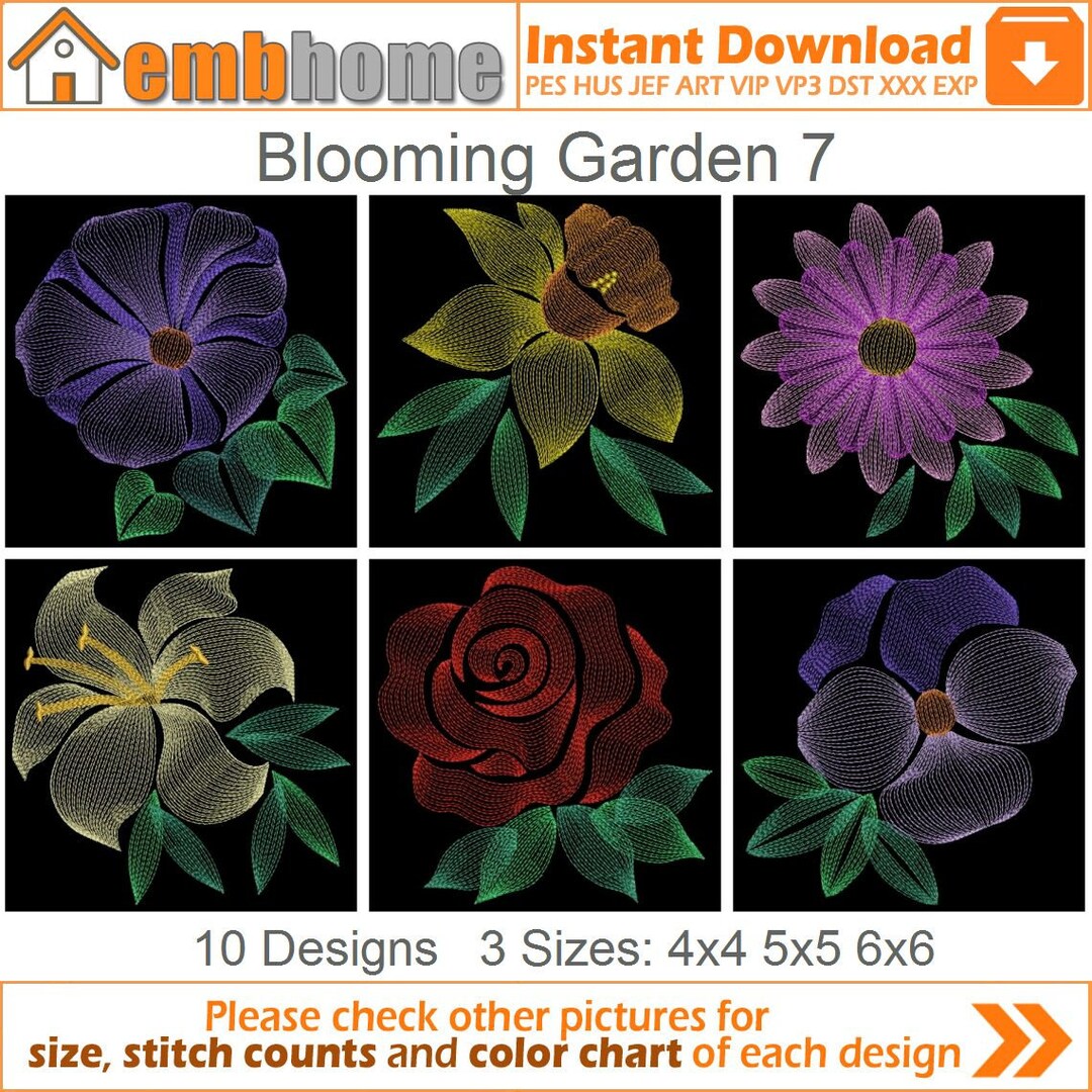 Blooming Garden Machine Embroidery Designs Pack Instant Download 4x4