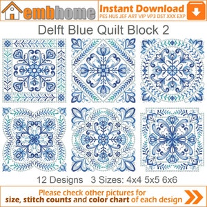 Könnte beinhalten: Zwölf Stickmuster von Delft-blauen Quiltblöcken in drei Größen: 4x4, 5x5 und 6x6 Zoll. Die Designs zeigen komplizierte Blumenmuster in Blautönen und Weiß.