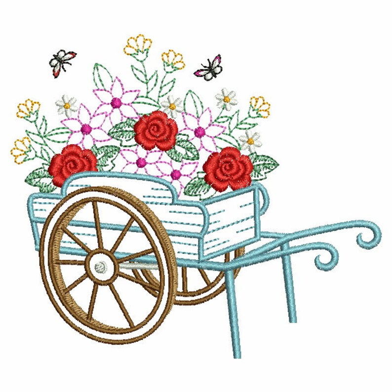 May include: A blue wooden wagon filled with red and white flowers. The wagon has a brown wooden wheel and a blue metal handle.