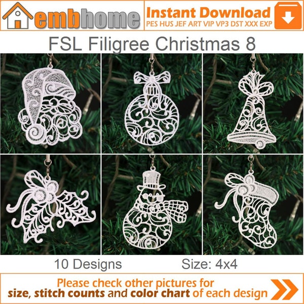 FSL Filigree Christmas Free Standing Lace Christmas Ornament Machine Embroidery Designs Instant Download 4x4 hoop 10 designs APE3461