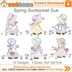 Spring Sunbonnet Sue Embroidery Designs Instant Download 4x4 5x5 6x6 hoop 10 designs SHE5045