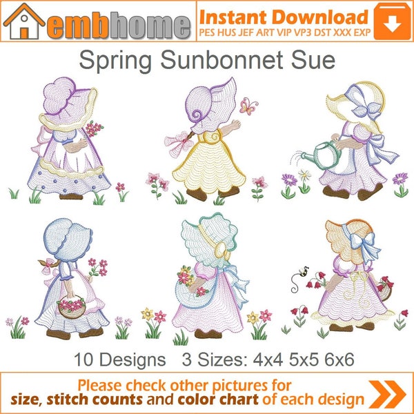 Spring Sunbonnet Sue Motifs de broderie Téléchargement instantané 4x4 5x5 6x6 cerceau 10 dessins SHE5045