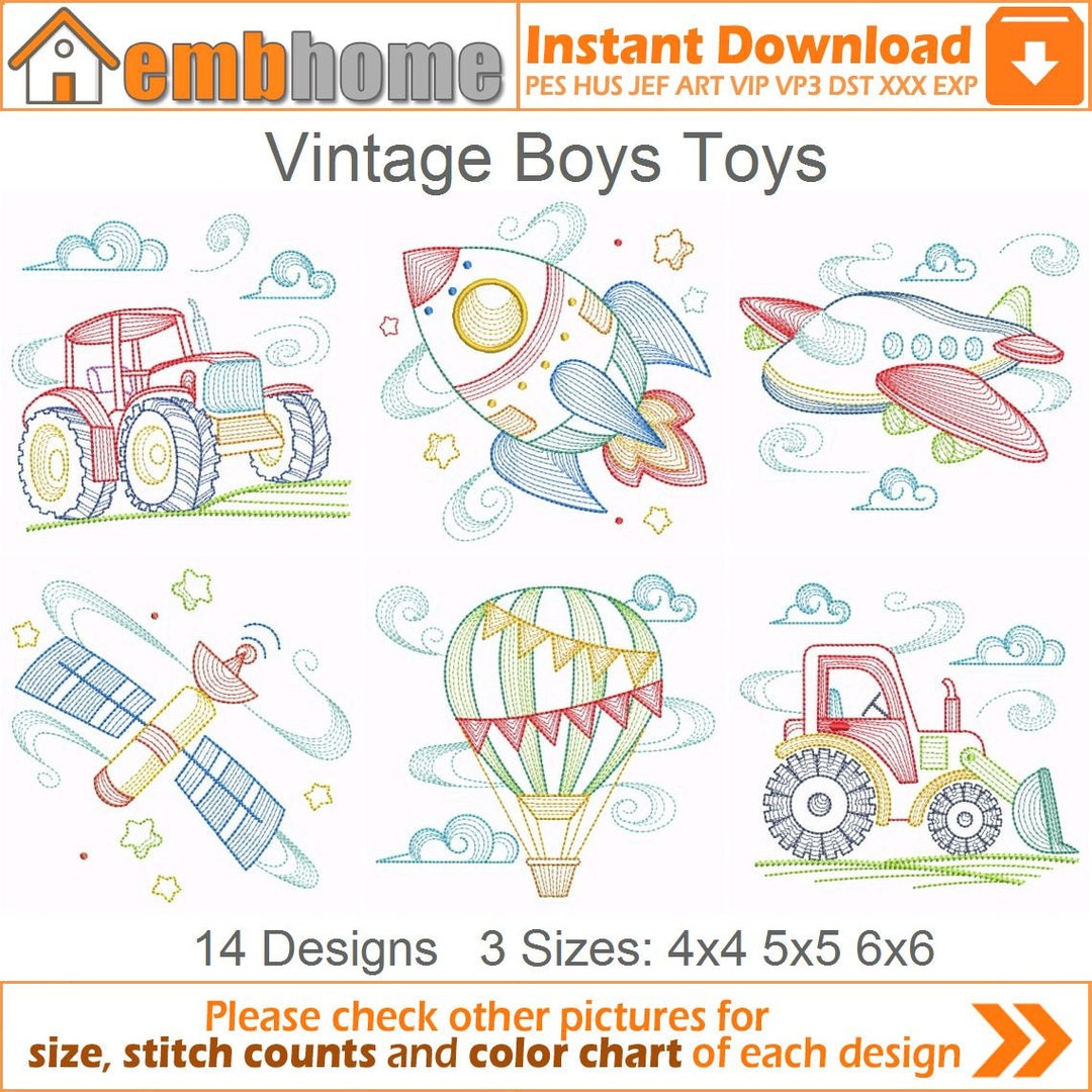 Vintage Boys Toys Machine Embroidery Designs Instant Download 4x4 5x5