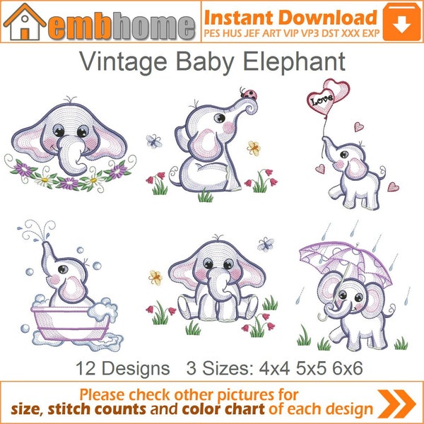 Vintage Baby Elephant Machine Embroidery Designs Instant Download 4x4 5x5 6x6 hoop 12 designs SHE5058