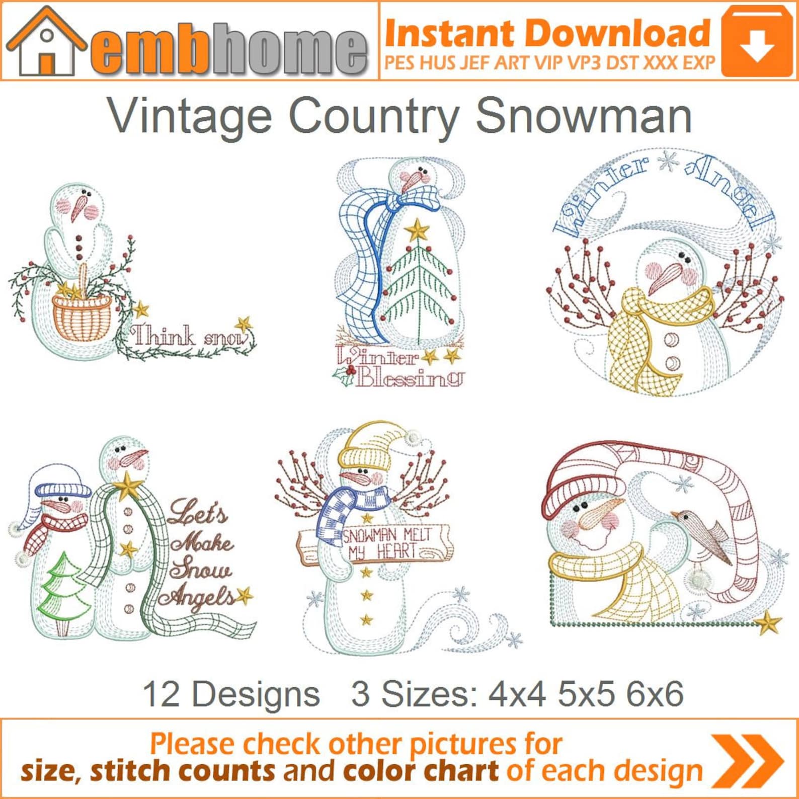 Vintage Country Snowman Machine Embroidery Designs Instant Etsy