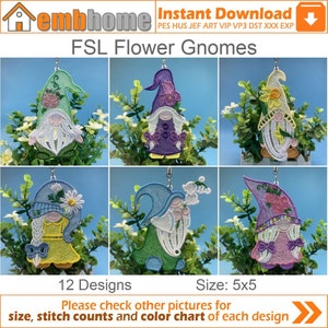 FSL Flower Gnomes Free Standing Lace Machine Embroidery Designs Instant Download 5x5 hoop 12 designs APE3457