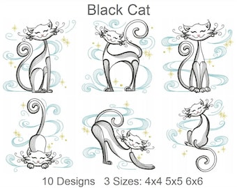 Black Cat Machine Embroidery Designs Pack Instant Download 4x4 5x5 6x6 hoop 10 designs SHE5394