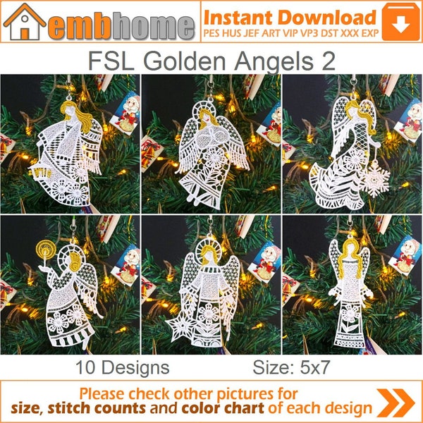 FSL Golden Angels Dentelle de Noël Libre Machine à Broder Dessins Téléchargement instantané 5x7 cerceau 10 dessins APE3384