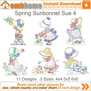 Spring Sunbonnet Sue Embroidery Designs Instant Download 4x4 5x5 6x6 hoop 11 designs SHE5416