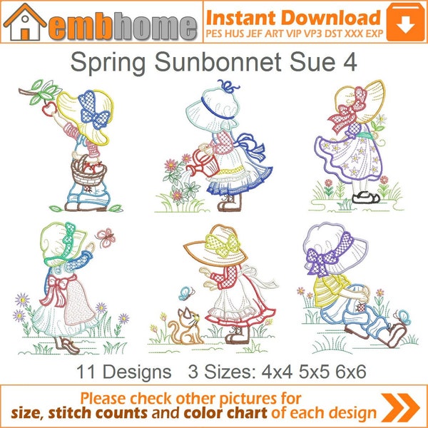 Spring Sunbonnet Sue Dessins de broderie Téléchargement instantané 4x4 5x5 6x6 cerceau 11 dessins SHE5416