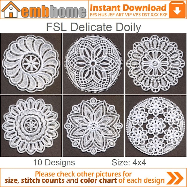 FSL Delicate Doily Free Standing Lace Coaster Home Decor Machine Embroidery Designs Instant Download 4x4 hoop 10 designs APE1907
