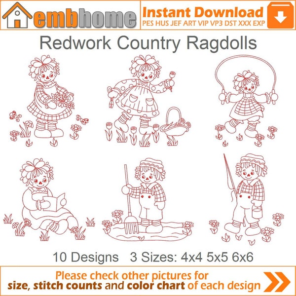 Redwork Spring Ragdolls Garden Spring Season Machine Embroidery Designs Pack Instant Download 4x4 5x5 6x6 hoop 10 designs APE1656