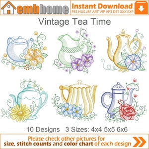 May include: Ten embroidery designs of vintage teapots with floral accents. The designs are available in three sizes: 4x4, 5x5, and 6x6 inches.