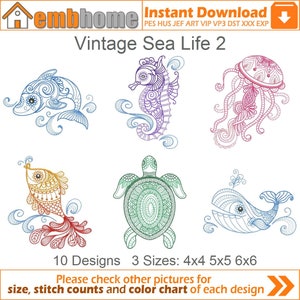 Vintage Sea Life Machine Embroidery Designs Instant Download 4x4 5x5 6x6 hoop 10 designs APE2422