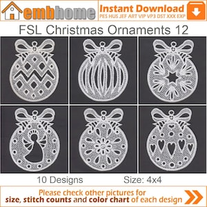 FSL Christmas Ornaments Free Standing Lace Christmas Ornament Machine Embroidery Designs Instant Download 4x4 hoop 10 designs APE2619