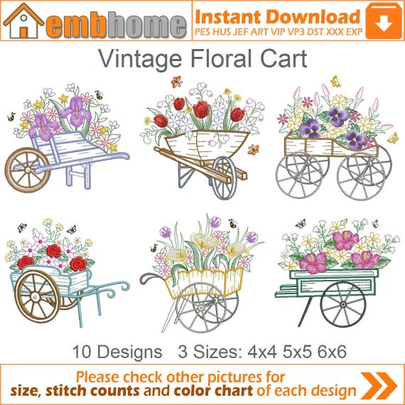 Vintage Floral Cart Machine Embroidery Designs Pack Instant Download 4x4 5x5 6x6 hoop 10 designs APE2274