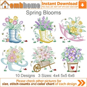 Puede incluir: Diez dise&ntilde;os de bordado con flores de primavera en diferentes arreglos. Los dise&ntilde;os incluyen tulipanes en botas de lluvia, lavanda en botas de lluvia, narcisos bajo un paraguas, margaritas en un sombrero, lirios en una carretilla y violetas en una maceta. Los dise&ntilde;os est&aacute;n disponibles en tres tama&ntilde;os: 4x4, 5x5 y 6x6 pulgadas.