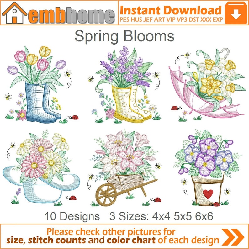 Puede incluir: Diez dise&ntilde;os de bordado con flores de primavera en diferentes arreglos. Los dise&ntilde;os incluyen tulipanes en botas de lluvia, lavanda en botas de lluvia, narcisos bajo un paraguas, margaritas en un sombrero, lirios en una carretilla y violetas en una maceta. Los dise&ntilde;os est&aacute;n disponibles en tres tama&ntilde;os: 4x4, 5x5 y 6x6 pulgadas.