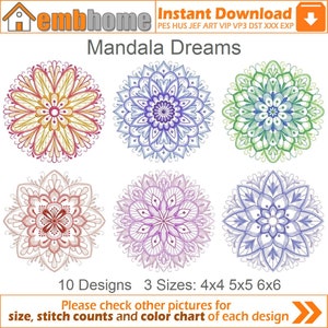 May include: Ten colourful mandala designs in three sizes: 4x4, 5x5, and 6x6 inches. The designs feature intricate patterns and vibrant colours.
