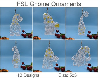 May include: Ten designs of white embroidered gnome ornaments with yellow accents. The ornaments are 5 inches by 5 inches and are perfect for adding a festive touch to your home decor.