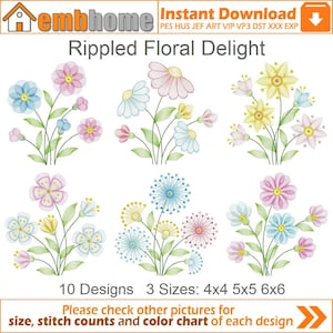 Può includere: Dieci disegni di ricamo di mazzi di fiori in vari colori, tra cui rosa, blu, giallo e verde. I disegni sono disponibili in tre dimensioni: 4x4, 5x5 e 6x6 pollici. Il testo "Rippled Floral Delight" è nella parte superiore dell'immagine.