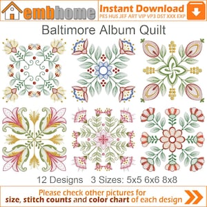 Baltimore Album Quilt Machine Embroidery Designs Pack Instant Download 5x5 6x6 8x8 hoop 12 designs APE2439