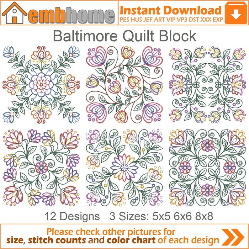 Baltimore Quilt Block Machine Embroidery Designs Instant Download 5x5 ...