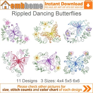 Rippled Dancing Butterflies Machine Borduurwerk Ontwerpen Instant Download 4x4 5x5 6x6 hoepel 11 ontwerpen APE2082