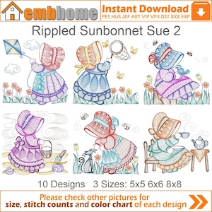May include: A set of 10 embroidery designs featuring a girl wearing a sunbonnet in various activities, including playing with a kite, catching butterflies, feeding a bird, playing with a cat, and having tea. The designs are available in three sizes: 5x5, 6x6, and 8x8 inches.