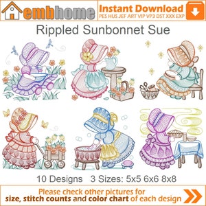 May include: A set of 10 embroidery designs featuring a girl wearing a sunbonnet. The designs are available in three sizes: 5x5, 6x6, and 8x8 inches. The designs are colourful and feature a variety of scenes, including the girl holding a bowl, a watering can, a basket, a bucket, and a plate. The designs are perfect for adding a touch of whimsy to any project.