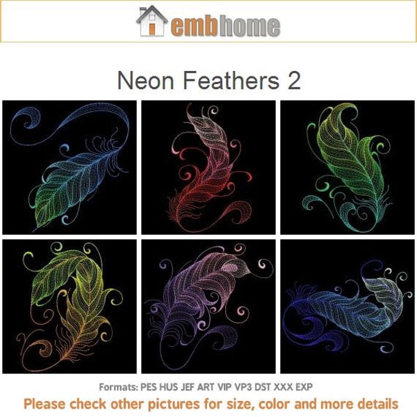 Neon Feathers Embroidery Designs Instant Download 4x4 5x5 6x6 cerceau 10 dessins SHE5027