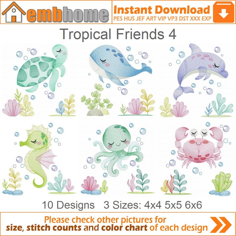 May include: A set of 10 embroidery designs featuring tropical sea creatures, including a turtle, whale, dolphin, seahorse, octopus, and crab. The designs are available in three sizes: 4x4, 5x5, and 6x6 inches.