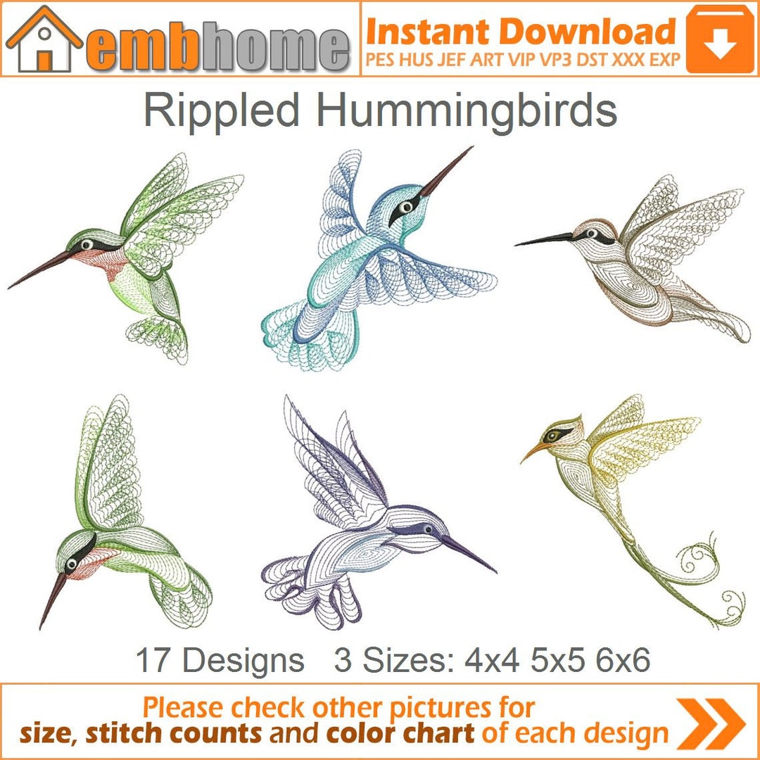 Rippled Hummingbirds Machine Embroidery Designs Instant Download 4x4.