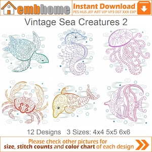 Vintage Sea Creatures Machine Embroidery Designs Pack Instant Download 4x4 5x5 6x6 hoop 12 designs SHE5352