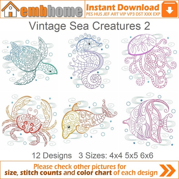 Vintage Sea Creatures Machine Embroidery Designs Pack Instant Download 4x4 5x5 6x6 hoop 12 designs SHE5352