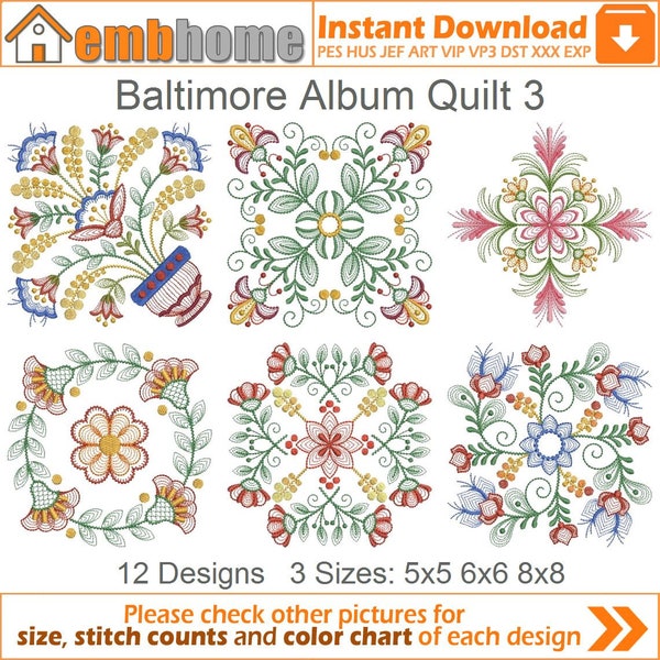 Baltimore Album Quilt Machine Embroidery Designs Pack Instant Download 5x5 6x6 8x8 hoop 12 designs APE2458