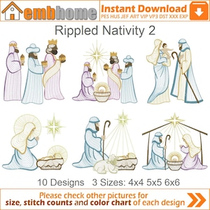 Può includere: Un'immagine del design "Rippled Nativity 2", con varie scene ricamate della Natività. I disegni includono i tre re magi, Maria e Giuseppe con Gesù bambino e la scena della stalla. L'immagine include anche il testo "10 Designs 3 Sizes: 4x4 5x5 6x6".