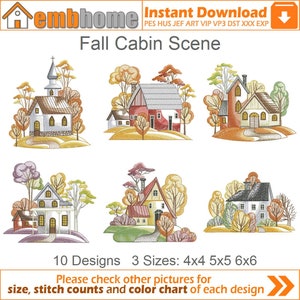 Fall Cabin Scene Machine Embroidery Designs Pack Instant Download 4x4 5x5 6x6 hoop 10 designs APE3369